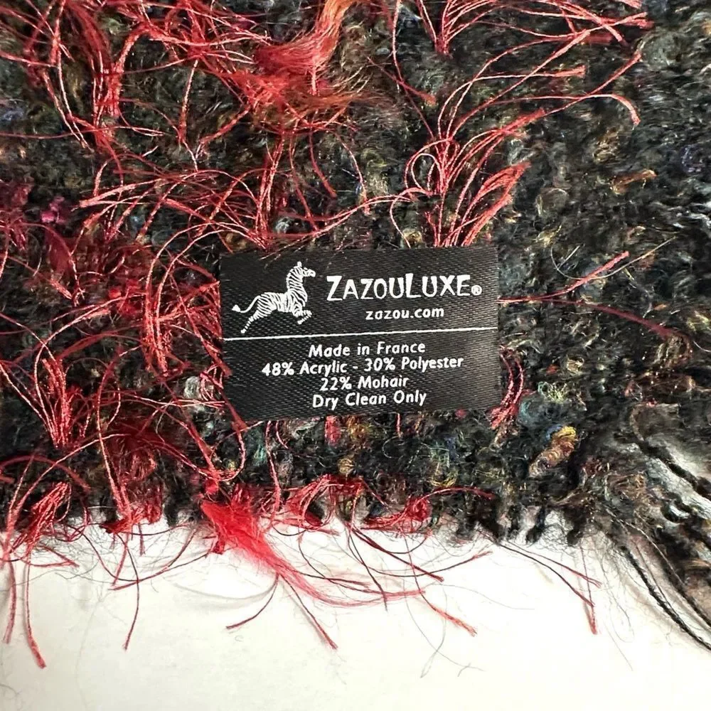NWOT Mohair Scarf Zazou Luxe Black Burgundy Soft Fancy Yarn made in France